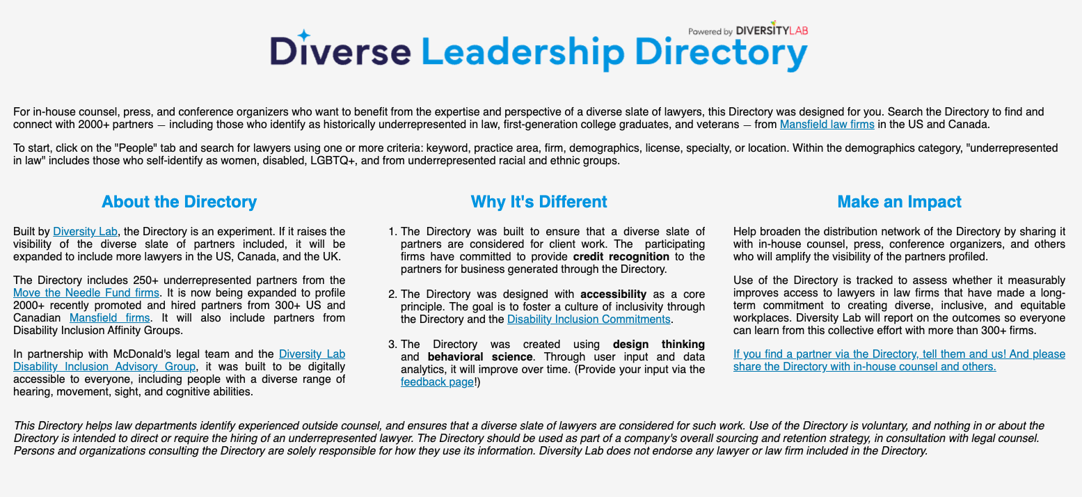 The home page of the Diverse Leadership Directory